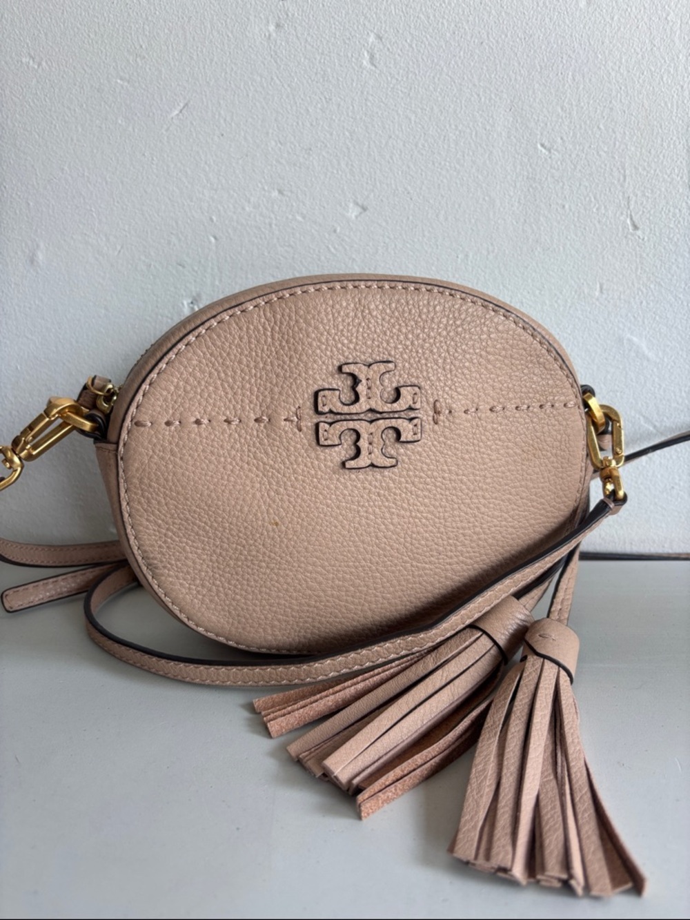 Tory Burch McGraw Blush Beige Pebbled Leather Tassel Crossbody